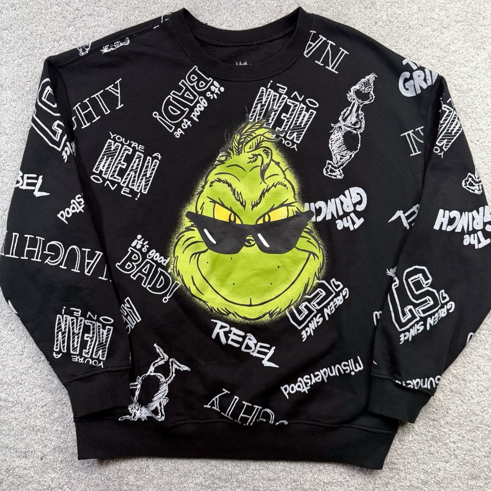 The Grinch Dr Seuss Sweatshirt Mens XL Black All Over Print Hoodless Pullover